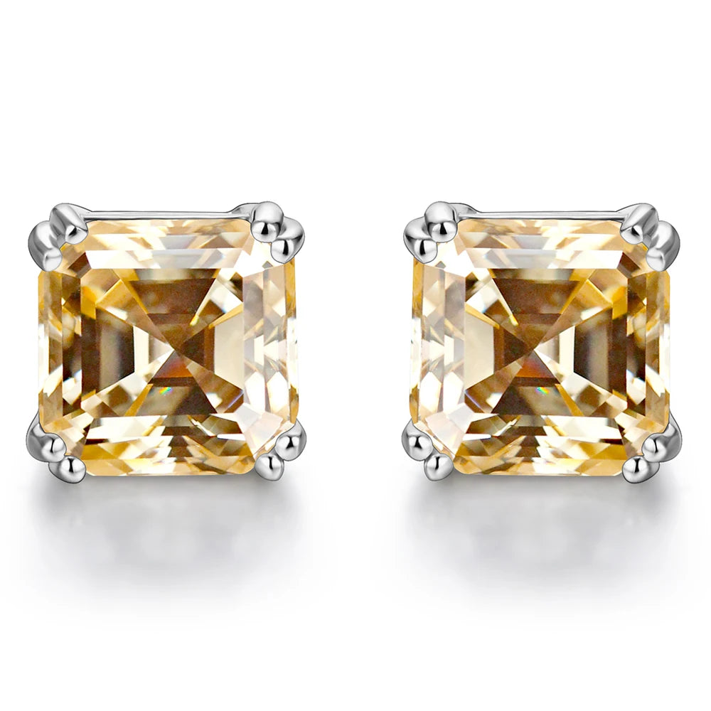 silver asscher cut moissanite earrings with yellow moissanite stone