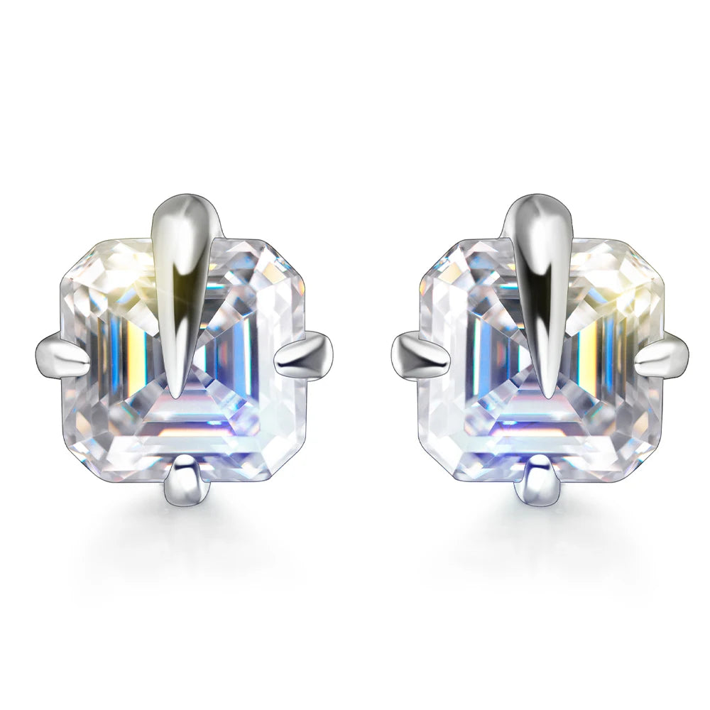 Luxurious silver Asscher cut moissanite stud earrings for a sophisticated look.
