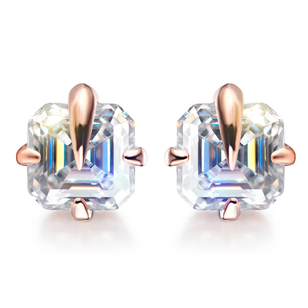 Sophisticated silver Asscher cut moissanite studs for understated luxury.