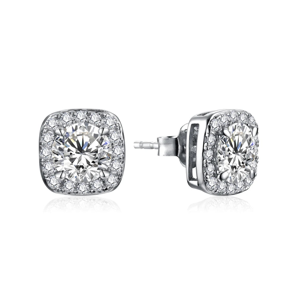 elegant moissanite halo stud earrings with a large center stone surrounded by smaller sparkling moissanites.