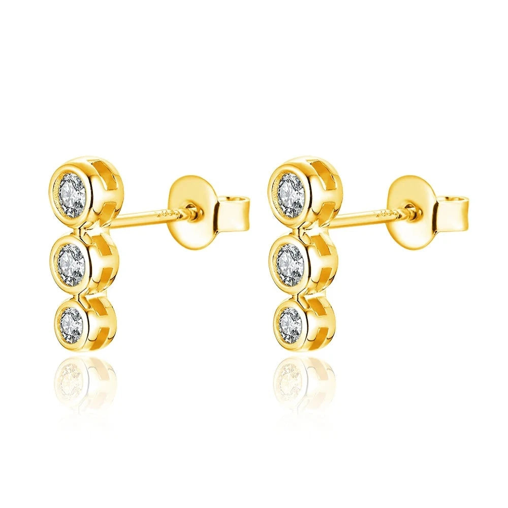 gold moissanite earrings elegant trio of three stones lab created diamonds for a dazzling effect
