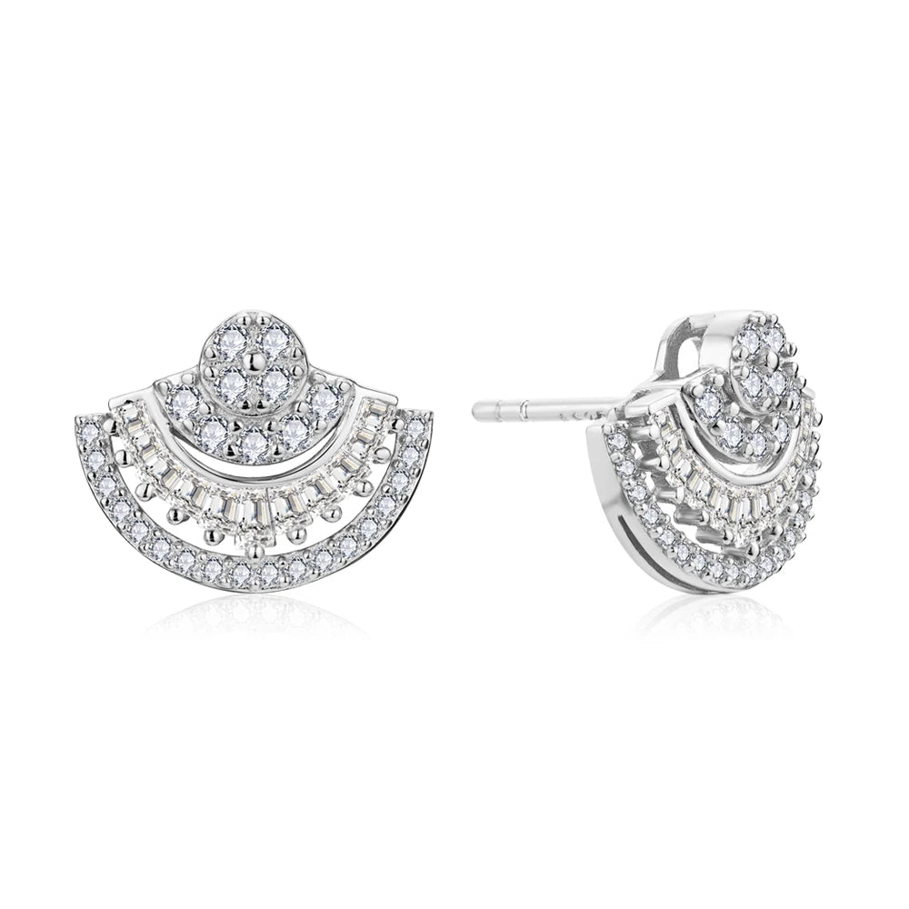 silver moissanite earrings elegant stud shaped as a fan moissanite for a unique and stylish look
