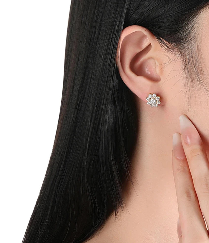 gold moissanite earrings stylish multi-stone round studs shaped as a flower infinity diamond jewellery for everyday elegance