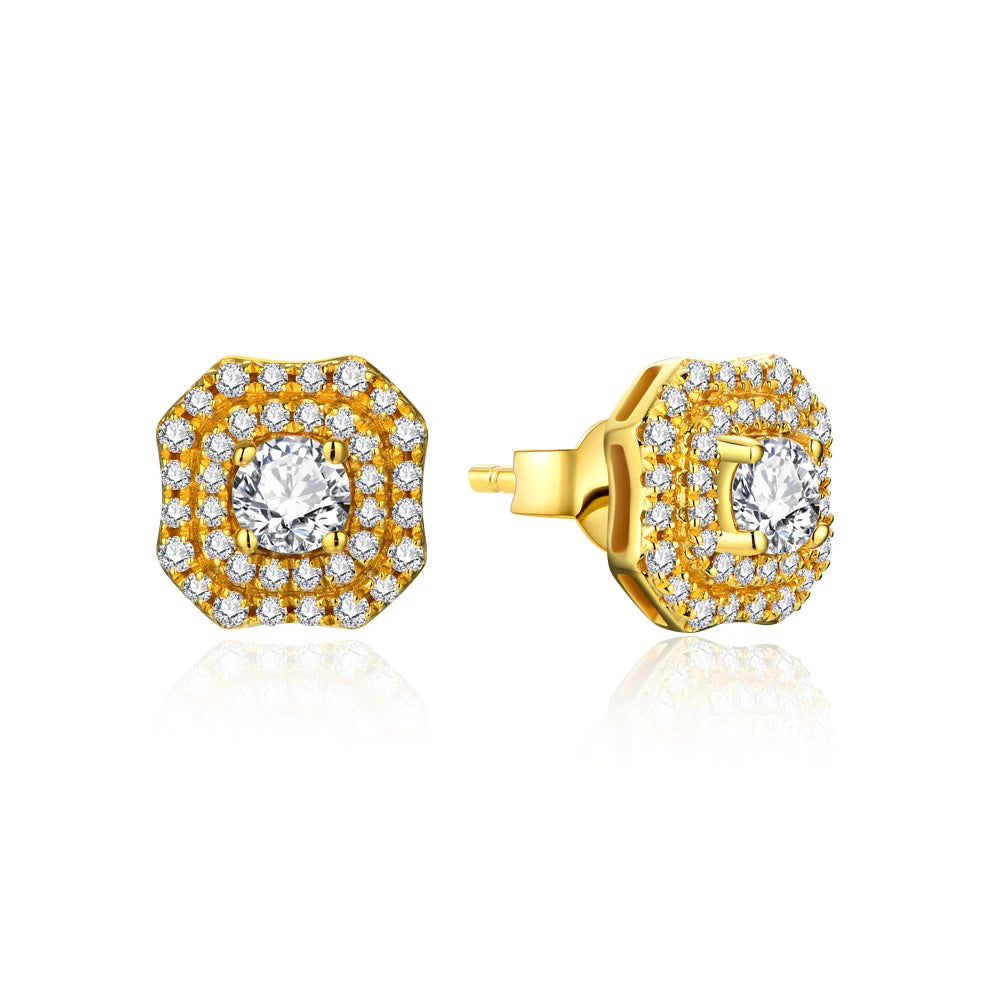 elegant moissanite halo stud earrings with a brilliant center stone encircled by smaller sparkling gems.