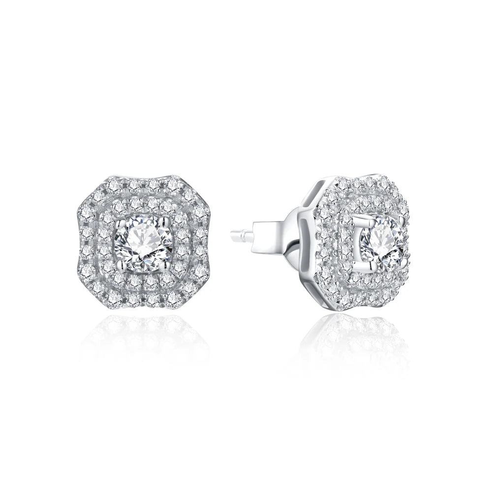 dazzling moissanite sunburst stud earrings featuring a big moissanite centerpiece.