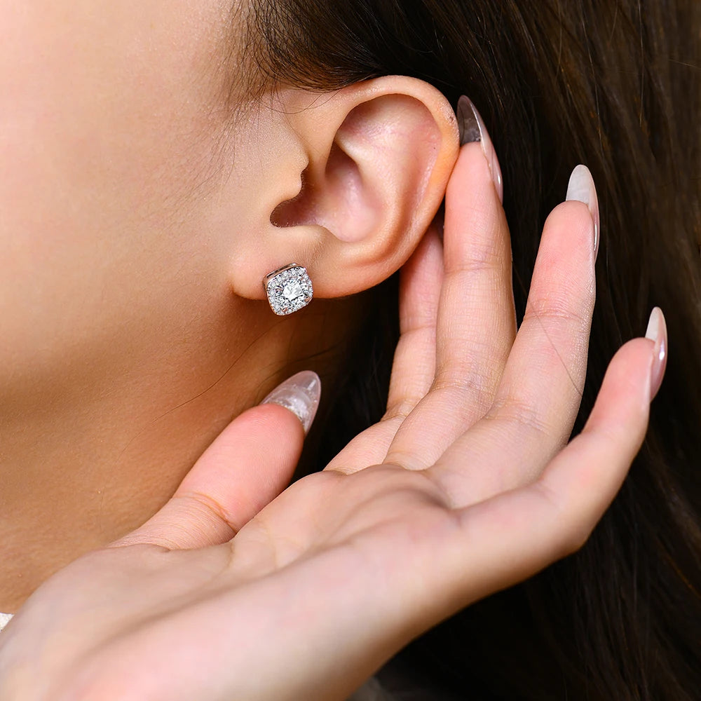 timeless gold moissanite halo earrings that enhance any outfit with their sparkling design.