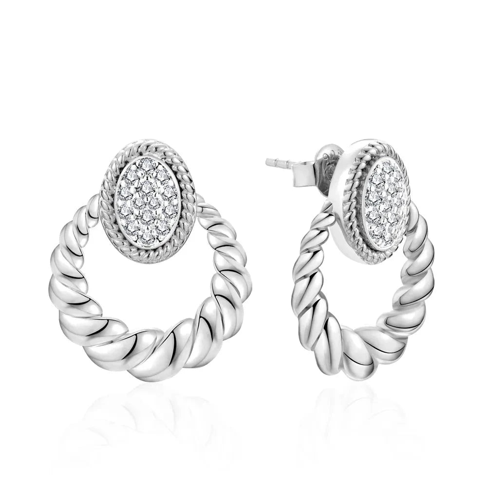 silver moissanite earrings bold victorian twirl pattern infinity jewelry for a standout vintage look