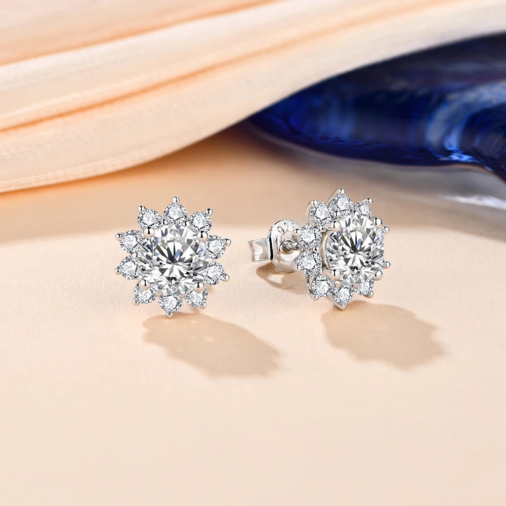 silver moissanite clip earrings modern stud with bigger stone in the center and smaller stones on the sides lab created diamonds for everyday elegance