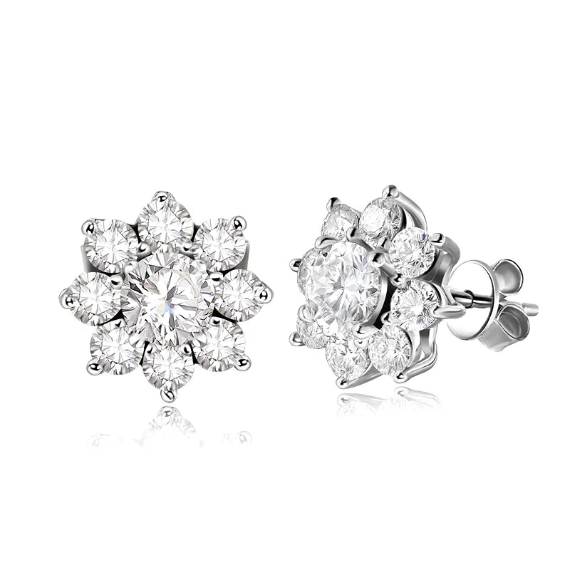 silver moissanite stud earrings delicate multi-stone round studs shaped as a flower lab created diamonds for a refined touch