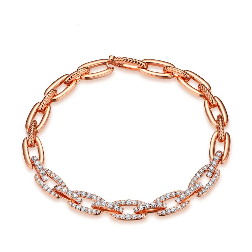 White background featuring a rose gold moissanite bracelet