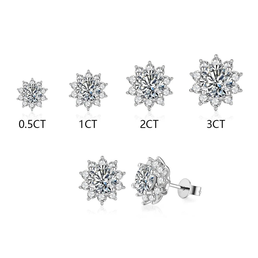 silver moissanite earrings classic stud with bigger stone in the center and smaller stones on the sides gram moissanite for timeless appeal