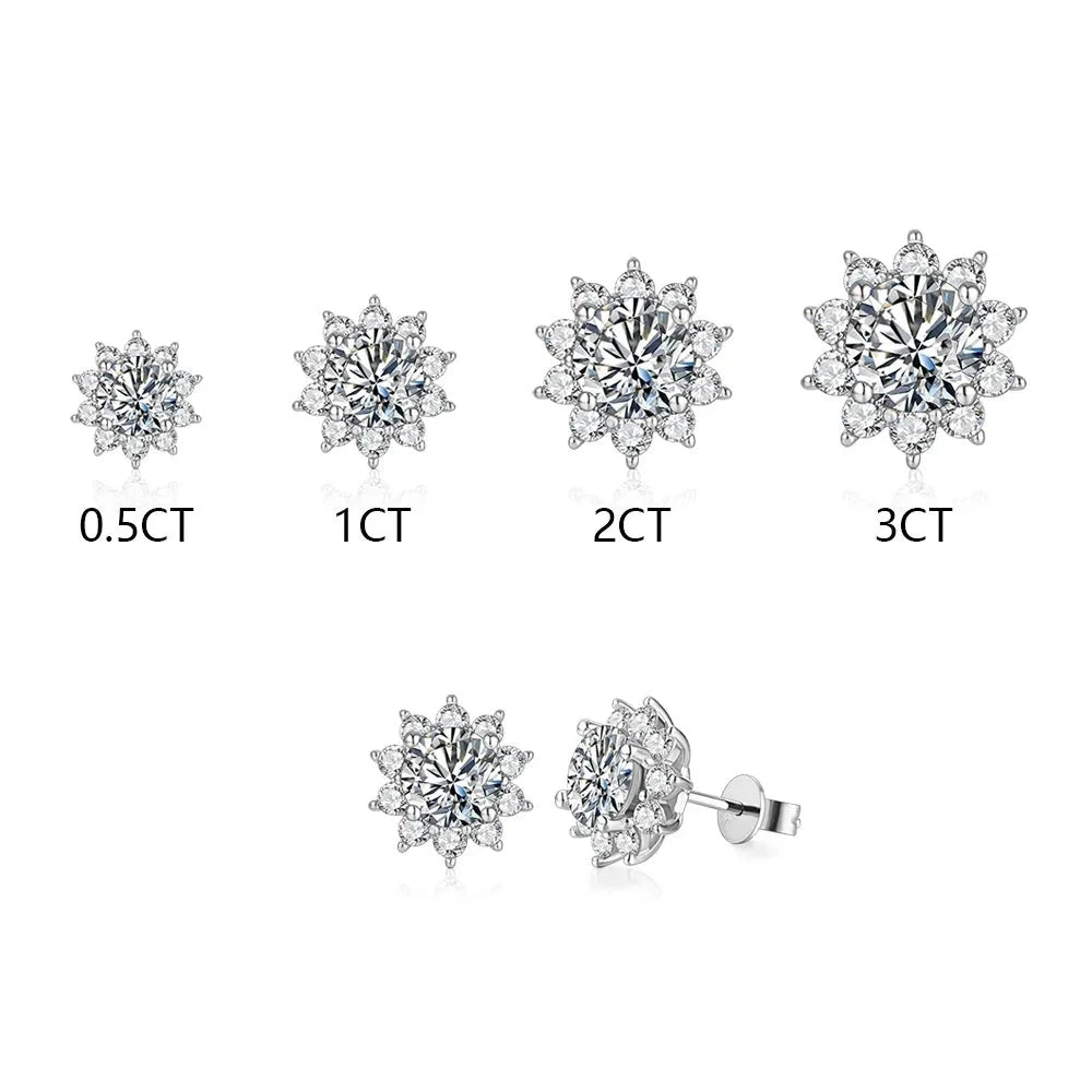 silver moissanite earrings bold stud with bigger stone in the center and smaller stones on the sides infinity jewelry for a glamorous touch