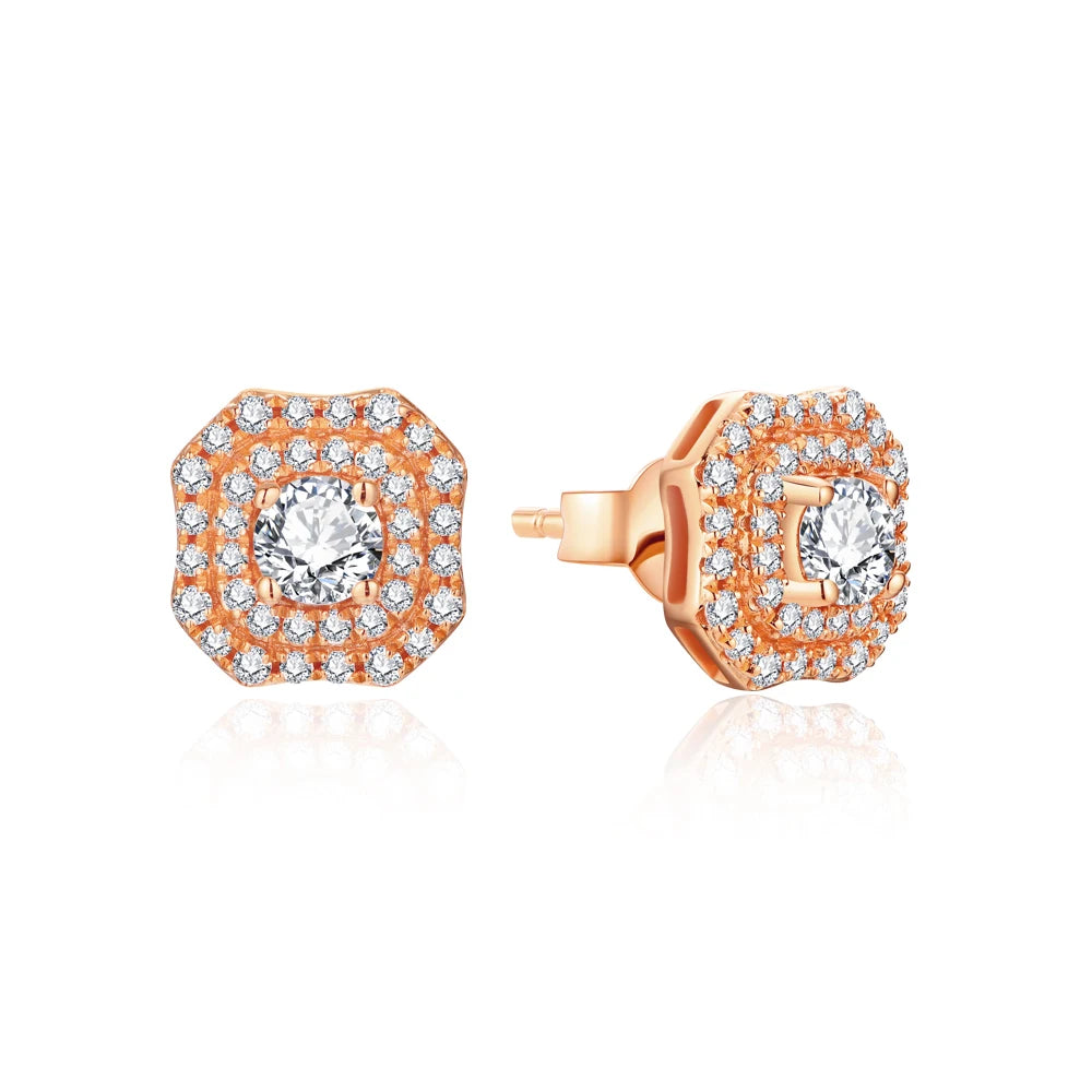 timeless rose gold moissanite vintage halo stud earrings with intricate detailing.