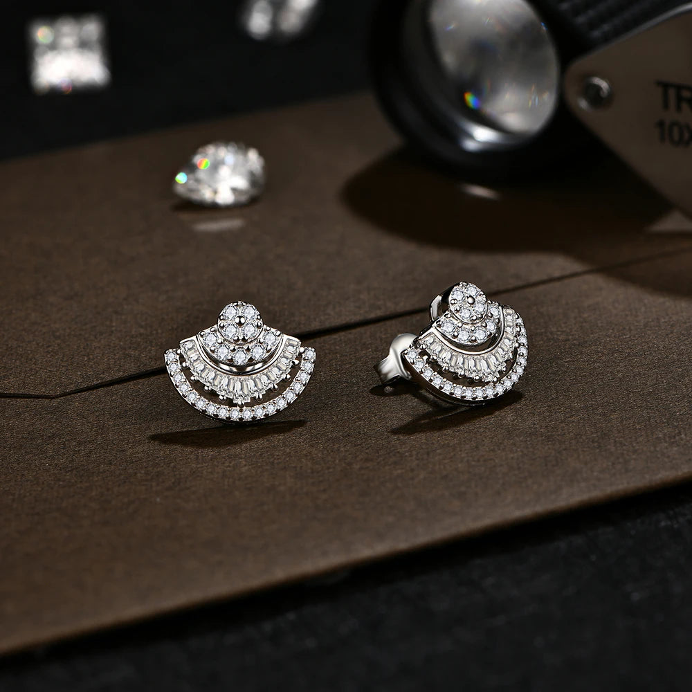 silver moissanite vintage earrings classic stud shaped as a fan gram moissanite for timeless appeal