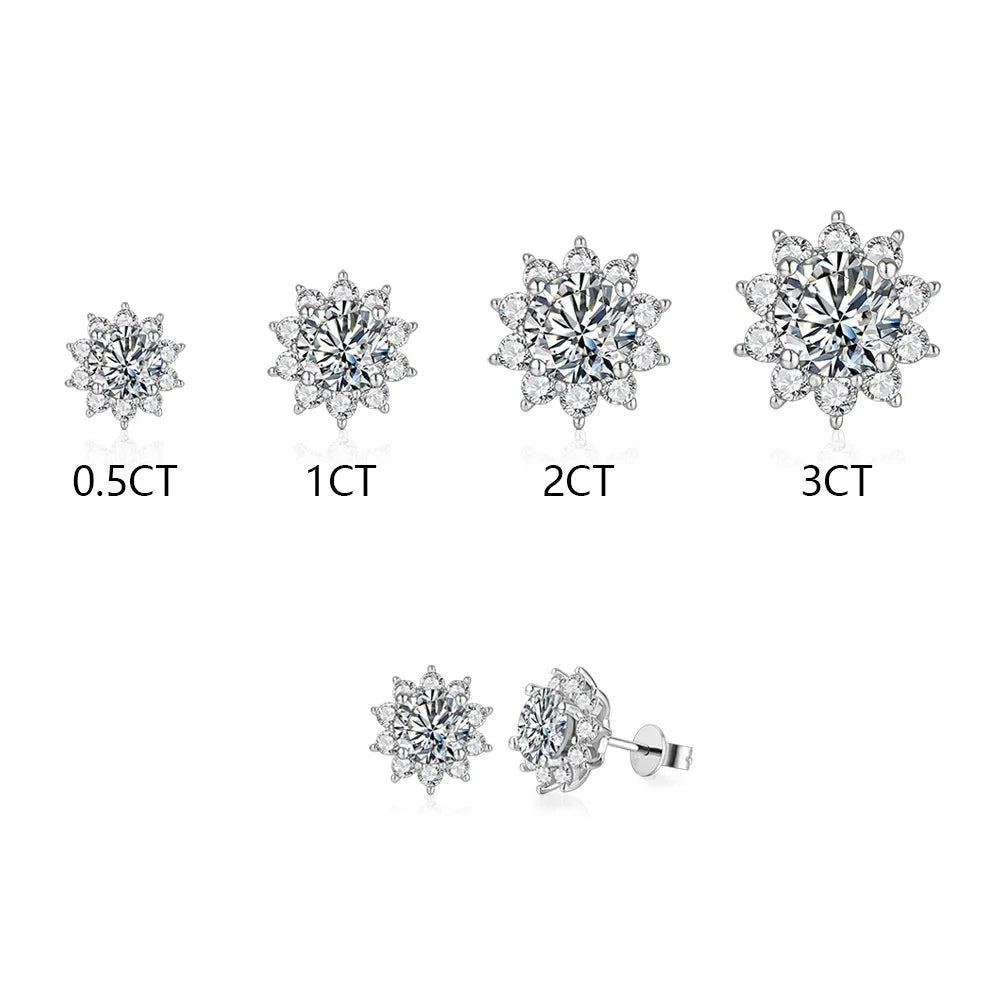 silver moissanite earrings elegant stud with bigger stone in the center and smaller stones on the sides lab created diamonds for a dazzling effect