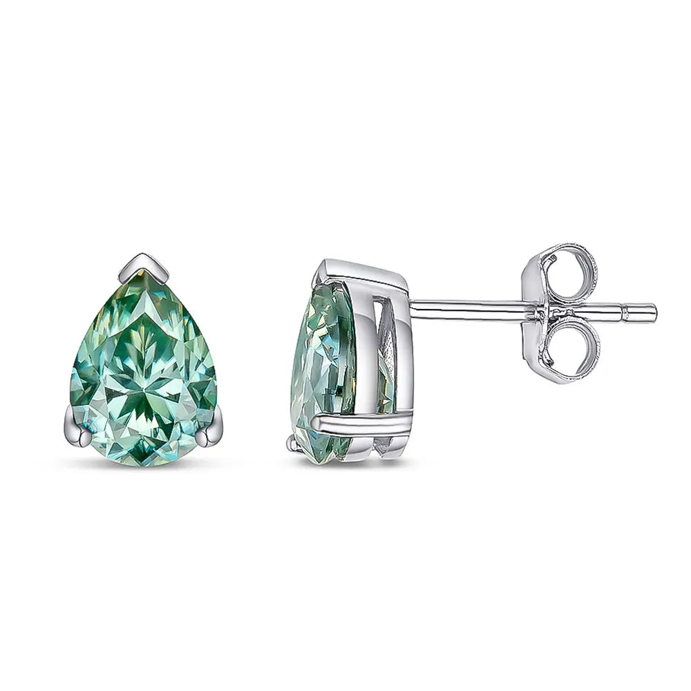 silver moissanite stud earrings featuring green pear moissanite gram moissanite for a unique look