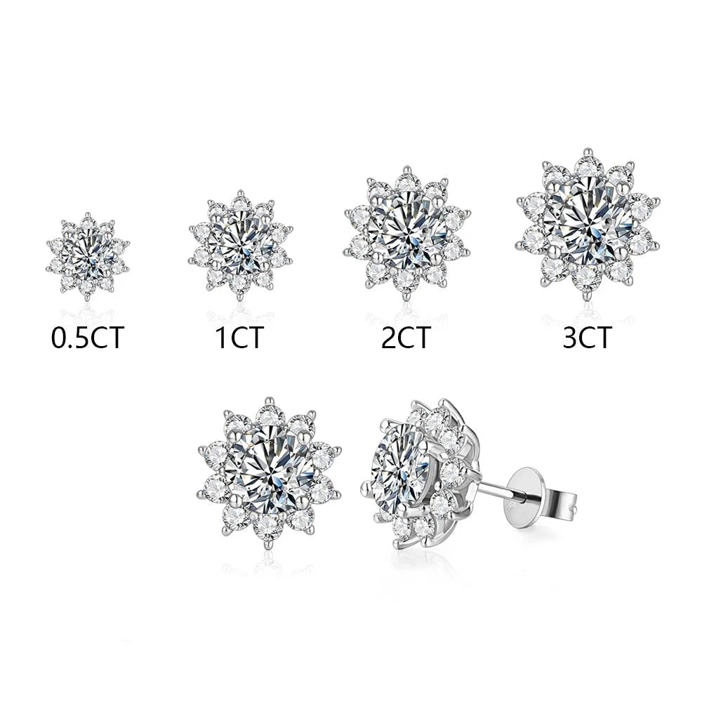 silver moissanite round earrings sophisticated stud with bigger stone in the center and smaller stones on the sides infinity diamond jewellery for an elegant finish