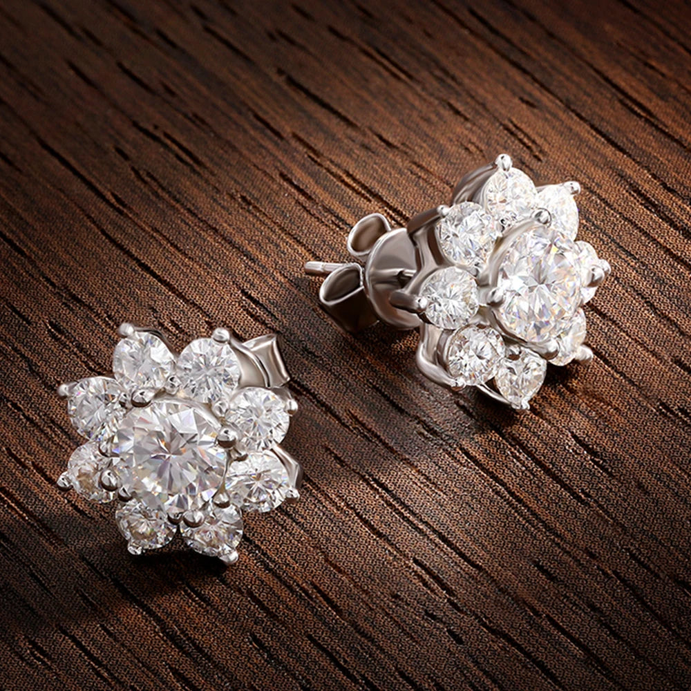 silver moissanite earrings classic multi-stone round studs shaped as a flower infinity jewelry for sophisticated style